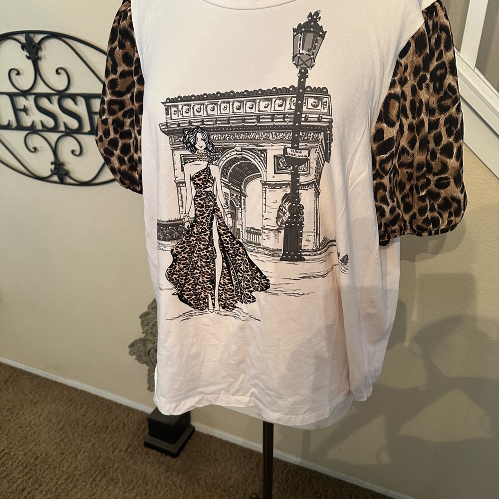 Leopard Print Sleeve Graphic Blouse
